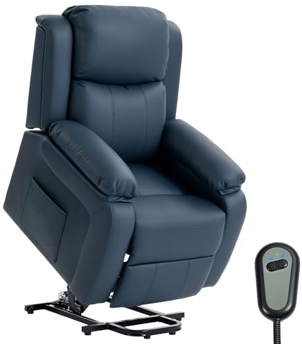HOMCOM Sillón Relax Eléctrico Reclinable Levanta Personas, Sillón Elevador, con Respaldo Alto, Control Remoto, Reposapiés, Acolchado Grueso, Tapizado en PU, Bolsillos Laterales, Azul Oscuro