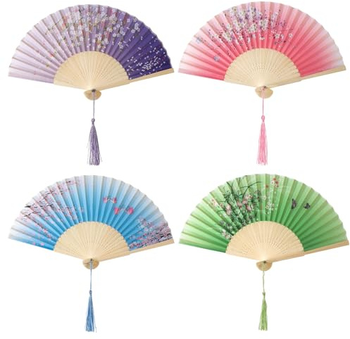saerryor 4 Pack Hand Held Folding Chinese Fans(Purple+Pink+Green+Blue) | Silk Fabric Golden Embroidered Edge Folding Fans,Folding Hand Fan for Wedding,Gifts,Performance,Dancing,Home Decoration