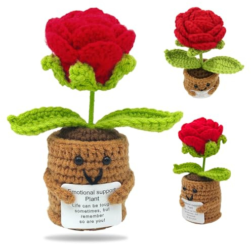 FOSDICK Rosa Rossa Fiori Positiva, Patata Positiva Uncinetto, Positive Fiori Finti Supporto Emotivo, Rosa Rossa Motivazionale con Carta, Fiore Portafortuna Regalo Donna Famiglia Amici Collega