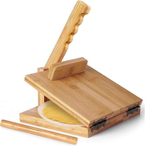 25 Cm Tortillapress I Trä Med Kavel Och 50 St Bakplåtspapper – Manuell Majstortillapress För Hemlagade Tacos, Roti Och Mexikanska Rätter