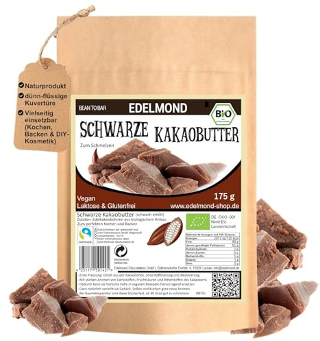 Schwarze Bio-Kakaobutter – Intensiv aromatisch, vegan & naturbelassen | Für Kuvertüre, Backen, Kochen, DIY | Dünnflüssiges Kakaoöl, Low Carb & handgemacht (175 g)
