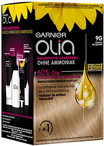 Garnier Olia Dauerhafte Haarfarbe ohne Ammoniak, Mit pflegenden und natürlichen Ölen, Vollständige Grauhaarabdeckung, Permanente Coloration, Nr. 9G Kühles Hellblond, 3 x 1 Stück