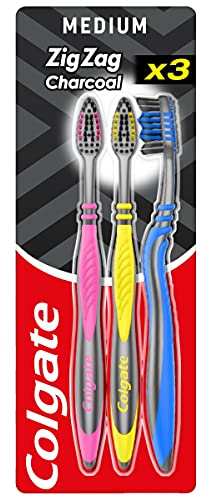 Colgate Zigzag Medium Bristles Manual Toothbrush Pack of 3, Multi Angle Cross Bristles with Flexible Neck for Gum Comfort and Tongue Cleaner