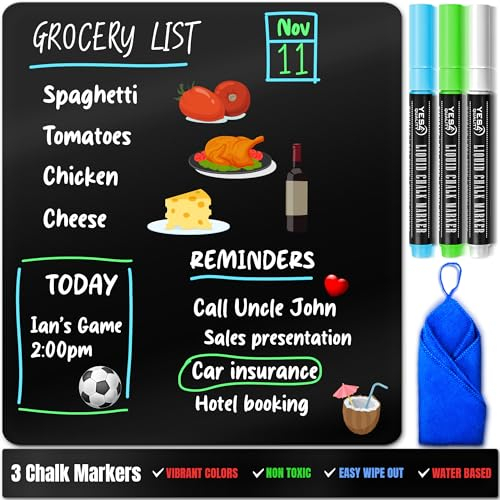 Magnetische schwarze Trockenlöschtafel für Kühlschrank - A4 / 21x30 cm - schmutzabweisend mit 3 magnetischen Neon-Kreidemarkern mit feiner Spitze & Radiergummi - von Yes4Quality