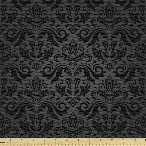 ABAKUHAUS Dunkelgrau Gewebe als Meterware, Schwarzer Damast mit Blumen, Schön Gewebten Stoff für Polster und Wohnaccessoires, 1M (148x100cm),Schwarz Grau