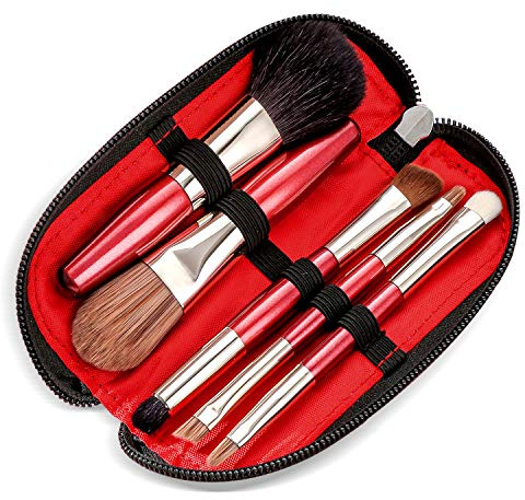 Protable Mini Makeup Brushes Set with Travel Case,5PCS Cosmetic Brushes Kit(Natural and Synthetic Hair)-Includes Foundation-Contouring-Blending-Blush And Eyeshadow Brushes(Travel Size) Red