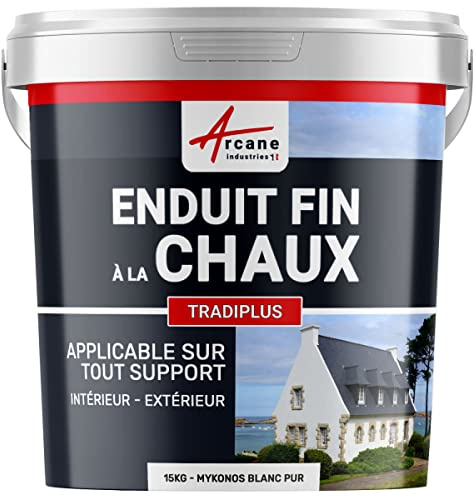 Enduit Chaux Fin Intérieur Extérieur, Murs, Façade 15 kg Mykonos Blanc Pur | S'Applique Facilement, Aspect Minéral, Microporeux, Laisse Respirer, Résiste aux Uv, Murs et Façade - Arcane Industries