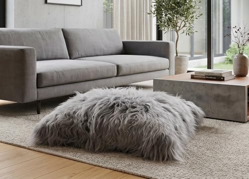 generisch XXL Lammfell Bodenkissen 80 x 80 cm aus echtem Island Lammfell – Langwollig Grau – Kuscheliges Sitzkissen für Wohnzimmer