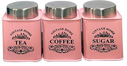 Nobel Set of 3 Tea Coffee Sugar Canisters - Vintage Home (Pink)