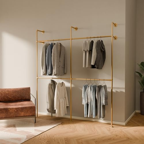pamo klädhängare industriell loftdesign - KIM II Double Guld - walk in garderob I sovrum klädhängare av svarta, robusta rör med väggmontering