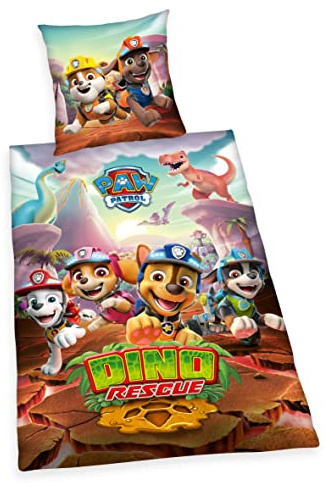 Herding Paw Patrol Dino räddningsbäddsset, örngott 70 x 90 cm, påslakan 140 x 200 cm, med dragkedja, 100% bomull/renforcé, flerfärgad