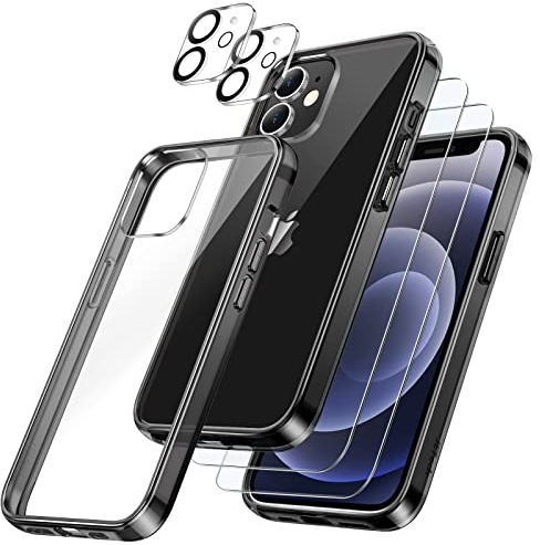 JETech 5-in-1 Hülle für iPhone 12, Anti-Vergilbung, Schwarz | 2 Gehärtete Glas Schutzfolien, 2 Kameraschutz Folien, Stoßfest Handyhülle