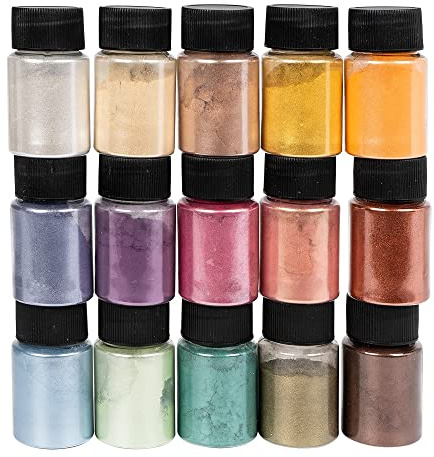 Ideen mit Herz Mica, pigmenti colorati con effetto metallico, ideali per miscelare con resina, resina epossidica, cera per candele, colore sapone, 15 pezzi, 10 g (vintage metallico)