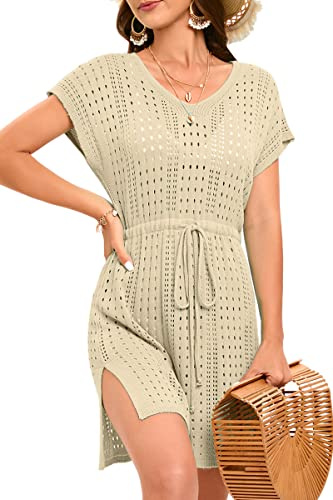 Timuspo Damen Strandkleid Sexy Gestrickte Krawatte Taille Seite Schlitz Bademode Bikini Cover Up Badeanzug Strand Sommerkleid