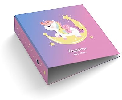 Ringordner mit Wunschtext personalisieren | Ordner für Kinder | Einhorn auf dem Mond | Mit Griffloch | für DIN A4 | 7,4 cm breit | Zeugnisse