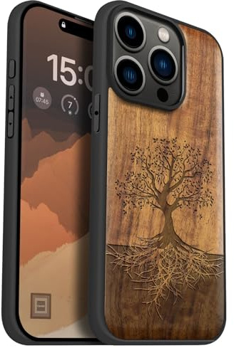 Carveit Étui en Bois pour iPhone 15 Pro, (Noyer-Arbre avec Racines) | Bois Étui de Magnétique Téléphone Antichoc TPU, Protection Case Compatible Magsafe pour iPhone 15 Pro Coque