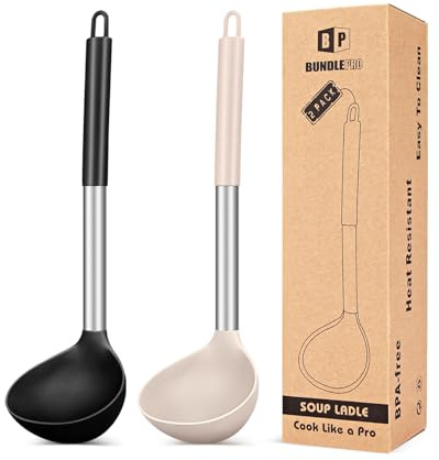 BUNDLEPRO Lot de 2 louches, grande cuillère en silicone pour soupe, ustensiles de cuisine antiadhésifs, résistants à la chaleur, sans BPA, parfaits pour cuisiner, remuer, servir des soupes (noir et