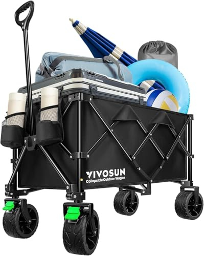 VIVOSUN Collapsible Folding Wagon, Outdoor Utility with Silent All-Terrain Wide Wheels, Adjustable Handle, Cup Holders & Side Pockets, for Camping, Beach, Shopping, Garden, Sports, Picnic, Black