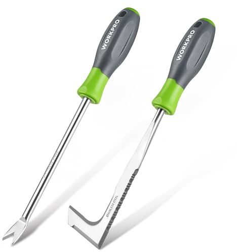 WORKPRO Unkrautstecher 2-tlg. mit Griff, Unkrautentferner Werkzeugset mit gezackter Kante, Unkrautjäter zum Entfernen von Moos & Unkraut, Unkraut Entferner Gerät für Gartenarbeit