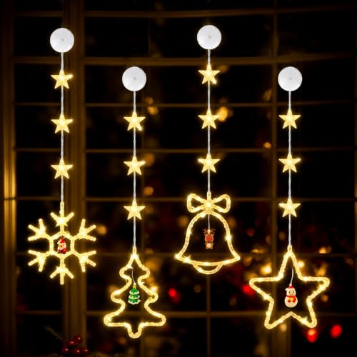Weihnachtsdeko Fenster Innen Aussen, 4 Stück Weihnachtsbeleuchtung Fenster Innen Weihnachten Deko mit Saugnäpfe, LED Fensterbeleuchtung Lichterkette Fensterdeko Weihnachten Beleuchtet