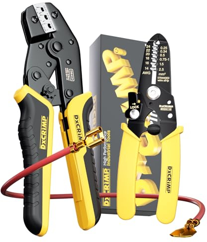 DxCRIMP Kit di Pinza crimpatrice professionale per capicorda con Pinza Crimpatrice, 0,25–2,5 mm² (AWG 24–14) – Kit Professionale con Meccanismo a Cricchetto, Ideale per Auto, Elettricisti, Fai-da-te