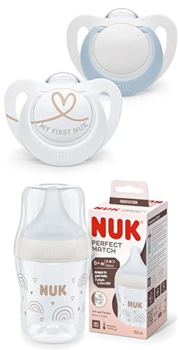 Bundle aus NUK Star Babyschnuller | BPA-freie Silikonschnuller | 0–6 Monate | blau | 2 Stück + NUK Perfect Match Babyflasche | Ab 0 Monate | Temperature Control | Anti-Colic | 150 ml