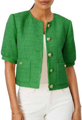 LifeShe Puff Short Sleeve Tweed Jacket Women Cropped Blazer Summer Open Front Casual Office Work Coat