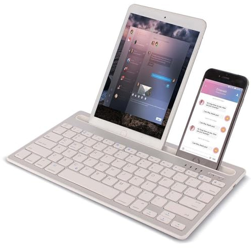Clavier Filaire Bluetooth, Clavier QWERTY Silencieux Rechargeable Ultra-Mince, 78 Touches,Prend en Charge la Commutation Entre 2 Appareils, aAec Support Intégré,pour iPad,Tablettes,Smartphones(argent)
