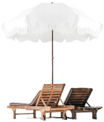 Sonnenschirm Strand 5,9 Fuß Sonnenschirm für die Terrasse im Freien, weißer Urlaubs-Strandschirm für Sand, UV-Schutz, Fransenschirm, Strand mit Neigungsfunktion, Marktschirm, wasserdicht, tragbarer P