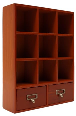 LoyaltyClivia Bücherregale,9 Fächer Holzregal Setzkasten,Holzregal Bücherregal, Standregal Würfelregal, 9 Würfel Holz Display Regalmit 2 Schubladen, Schreibtisch Organizer Braun
