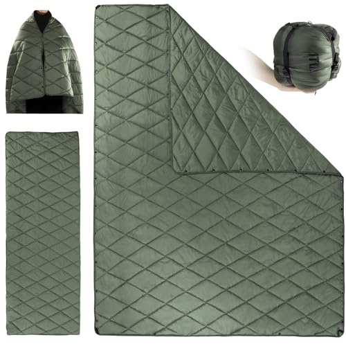 Wearable Camping Blanket, Lightweight Waterproof Thermal Camping Quilt with Snap Buttons, Packable for Office, Outdoor, Hiking, Beach, Car-Machine Washable(M -190x132CM L-158x208CM) (Od Green, L)