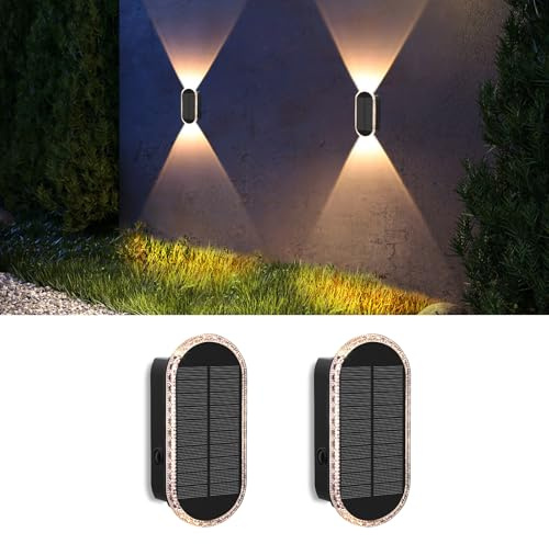 Utomhus vägglampa, solcellslampor utomhus, 3 färger, 2 st upp ner ljus, LED-belysning, vattentäta trädgårdslampor, för staket, vägg, terrass, trädgård, balkong, dekoration