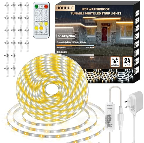 HOUHUI 20 Meter Weiße LED Streifen,2700K-6500K Abstimmbarer Weißer LED Strip mit Fernbedienung, Außen Warm Bis Kühl Weiß LED Lichtleiste für Haus Balkon Deck Dach Pool,Wasserdicht IP67