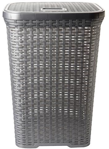 2friends Wäschekorb aus Kunststoff im Rattan-Design - Geräumige 60L Wäschewanne mit praktischem Deckel, stabile Aufbewahrungsbox in Grau, 63x43x34cm, ideal für Badezimmer