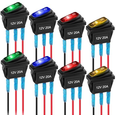 Linkstyle 8Pcs 12V Interruttore a Bilico, 20A SPST 3 Pin ON/OFF Impermeabile Interruttore a Levetta con LED per Auto ATV Barca(4 Colori)
