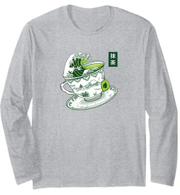 La grande vague dans une tasse de matcha, thé vert japonais, art zen Manche Longue