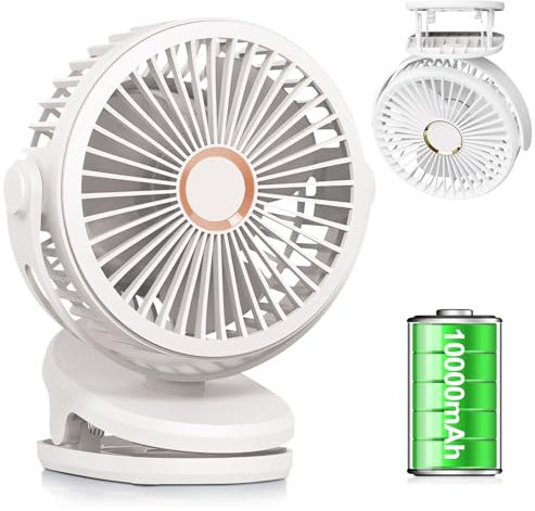 Ventilator Leise mit Clip, 720 Grad Drehung USB Ventilator Klein, Tragbar Tischventilator 4 Geschwindigkeitsstufen, Mini Ventilator Leise für Schlafzimmer Büro Camping Kinderwagen (Weiß 10000 mAh)