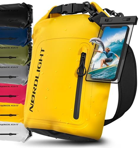 Nordlight Dry Bag Vattentät Väska med Mobilfodra+ Rullstängning, Axelrem | Drybag Vattentät Ryggsäck Packsäck Våtbag Packväska | Simning Strand Stå Upp Paddling Kanotpaddling - Gul, 20 Liter