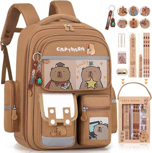 Dujuanus Mochila Capibara, Mochila Capibara Niña, Mochilas Escolares Adolescentes, Set de Regalos para el Nuevo Semestre con Pines, Llaveros y Artículos de Papelería (A)