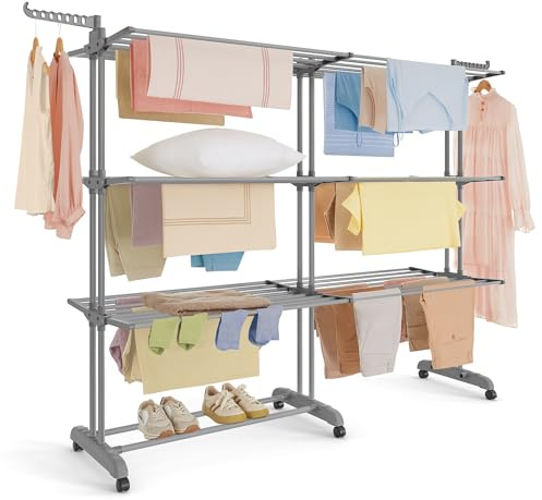 SONGMICS Étendoir à Linge, Séchoir Mobile à 4 Niveaux, avec roulettes, Pliable, 63,5 x (131-200) x 177,5 cm, Grande Capacité, Utilisation Intérieure et Extérieure, Gris Tourterelle LLR704G01