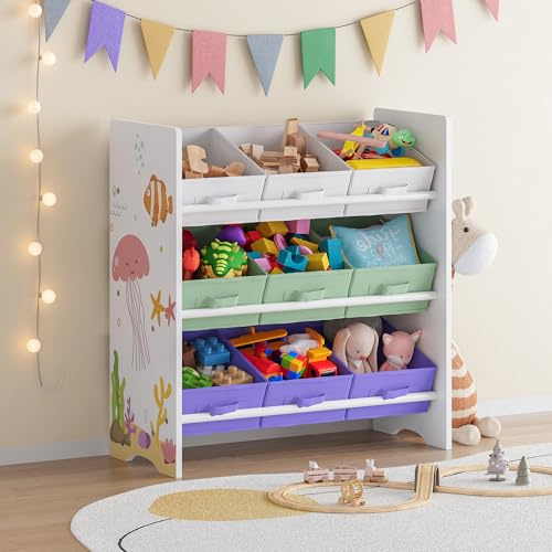 [en.casa] Scaffale Portaoggetti Montessori per Bambini Mobile Contenitore per Cameretta con 9 Cassetti Inclinati in Tessuto e Struttura Decorata 60x62x30 cm Design Aqua Dream