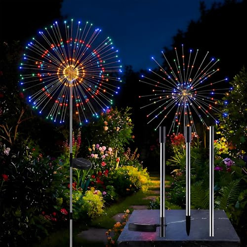KOUHRTO Lot de 2 Lampes Solaires Extérieures 200 LED, 8 Modes Éclairage Extérieur Solaire, 2/3 Tiges Réglables en Acier Inoxydable 51in, Étanche IP65, Jardin, Terrasse, Cour, Noël (Multicolore)