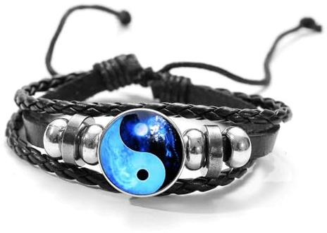 Yin Yang måne och drake armband, glascabochoner och flätat läderarmband, lyckoamulett orientalisk och andlig stil