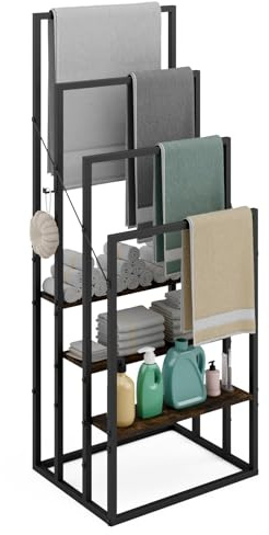 Handtuchständer, Handtuchhalter Stehend mit 4 Handtuchstangen, 3 Ablagen, 2 Haken, Freistehender Badetuchhalter für Handtücher Badetücher Kleidung, Handtuchleiter Stehend für Badezimmer - 43x31x104cm