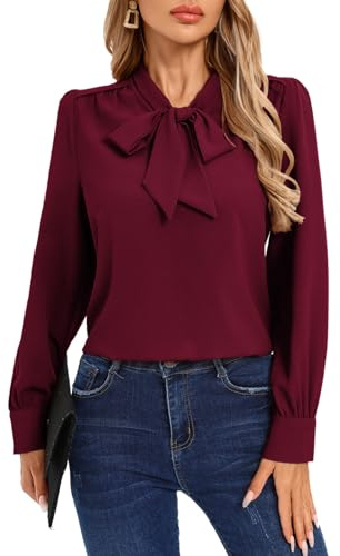 Kate Kasin Women's Bow Tie Neck Blouses, Work Office Professional Blouses Tops, Long Sleeve Business Casual Shirts Wine Red