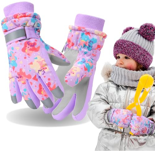 Gants Ski Enfant Imperméable Chaud Neige Gants Hiver Enfant pour Fille Garçon 4-12 Ans, Paumes en PU Antidérapant Moufle, Gant Polaire RespirantsVent pour Ski Snowboard Patinage Velo Luge Randonnée