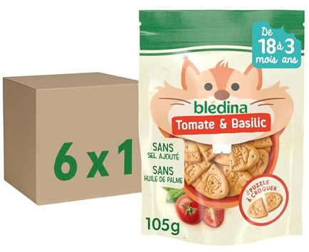Blédina Crousti À Dévorer, Dès 18 Mois, Biscuit Bébé Texture Cracker Croquante et Forme Puzzle Ludique, Recette Céréales Sans Sel Ajouté pour Repas Bébé, Tomate et Basilic, Lot de 6x105g