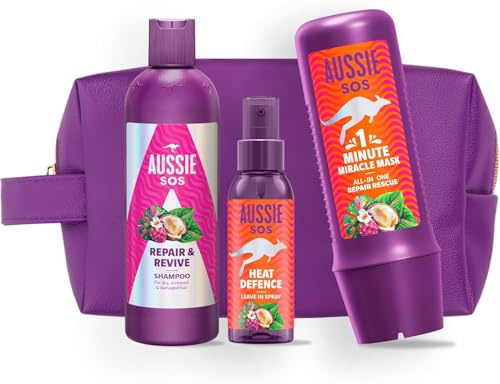 Aussie SOS Repair & Revive Gift Set - Shampoo 300ml + Heat Defence Spray 100ml + 1 Minute Miracle Rescue Mask 250ml, 100 Hours of Hydration