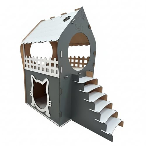 Katzenhaus XL 2 Etagen 66cm Balkon & Treppe, Stecksystem ohne Werkzeug 5 Min Aufbau, MDF Laserschnitt Katzenvilla Indoor, 5 Farbvarianten, für Katzen bis 5kg (Anthrazit-Weiß)