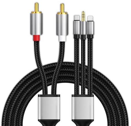SJACXANM Cable Rca USB C, Câble Rca Pour Téléphone, USB-C + Lightning + 3,5 Mm Vers Rca (Câble Audio 3 En 1), Compatible Avec iPhone, Smartphones, Lecteurs Mp3, Tablettes, Haut-Parleurs, Home Cinéma